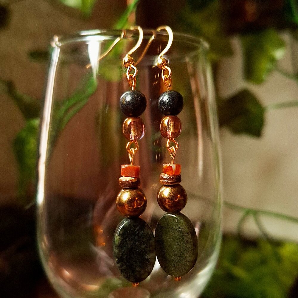 Long Woodland Serpentine Stone Drop Earrings Antique Inspired 24k Gold Stainless